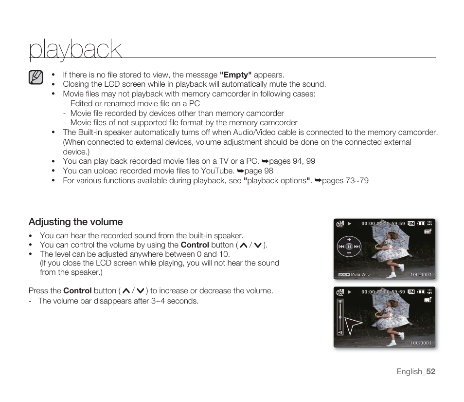 Playback, Adjusting the volume | Samsung SMX-F33BN-XAA User Manual | Page 62 / 131