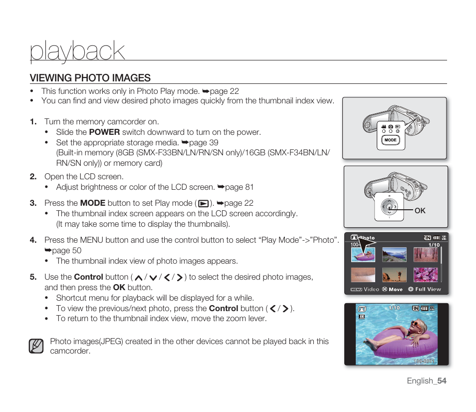 Playback, Viewing photo images | Samsung SMX-F33BN-XAA User Manual | Page 64 / 131