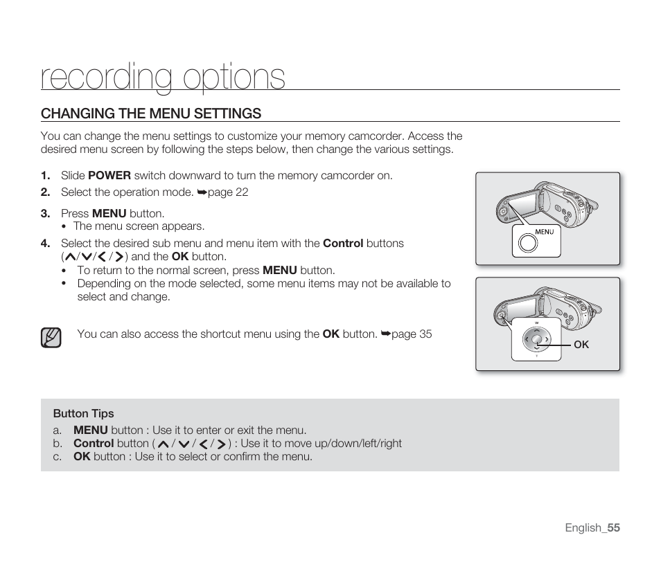 Recording options | Samsung SMX-F33BN-XAA User Manual | Page 65 / 131