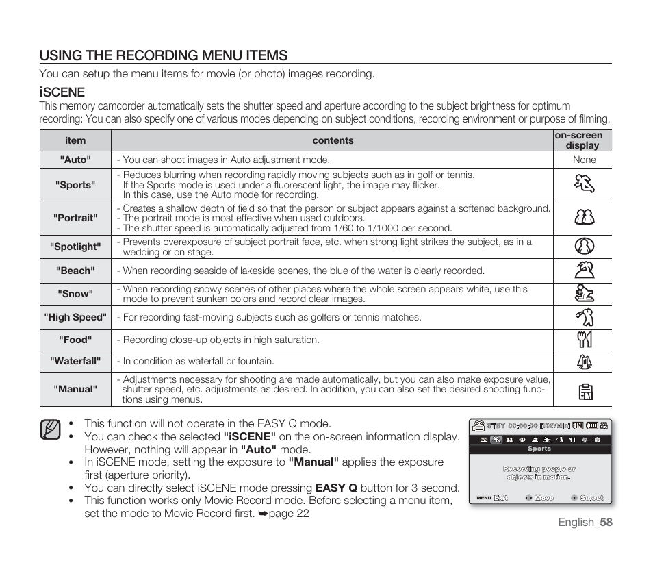 Using the recording menu items, Scene | Samsung SMX-F33BN-XAA User Manual | Page 68 / 131