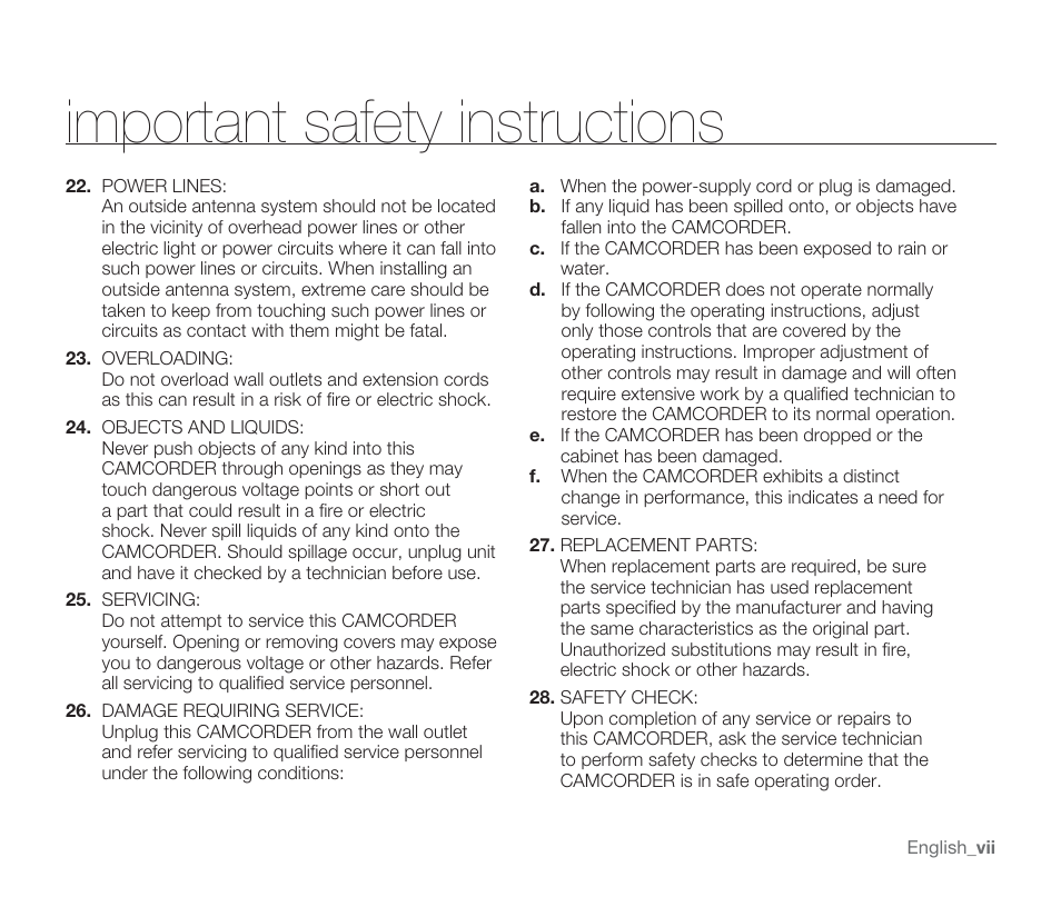 Important safety instructions | Samsung SMX-F33BN-XAA User Manual | Page 7 / 131