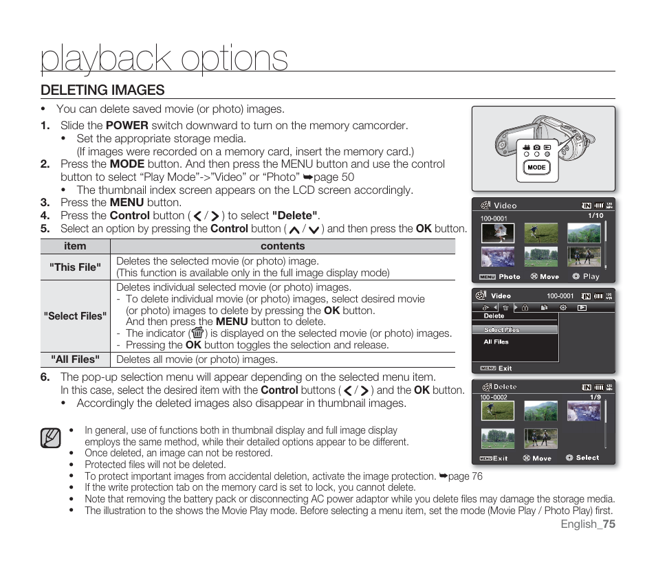 Playback options, Deleting images | Samsung SMX-F33BN-XAA User Manual | Page 85 / 131