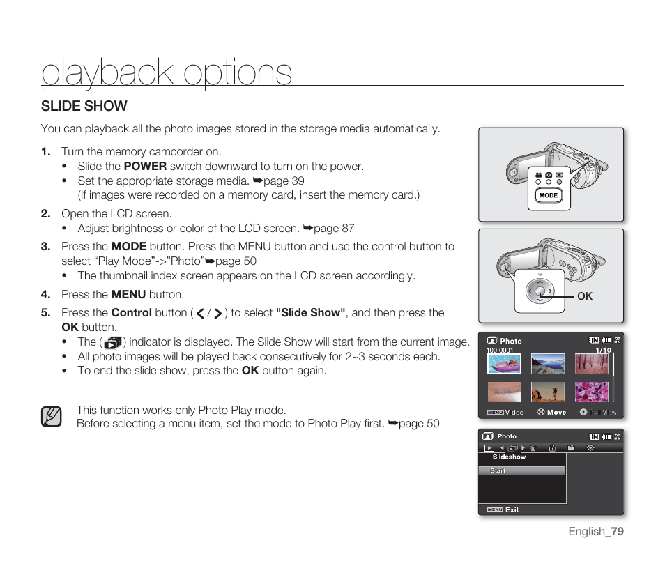 Playback options, Slide show | Samsung SMX-F33BN-XAA User Manual | Page 89 / 131