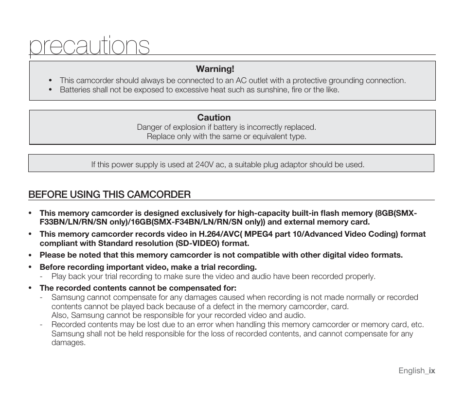 Precautions | Samsung SMX-F33BN-XAA User Manual | Page 9 / 131