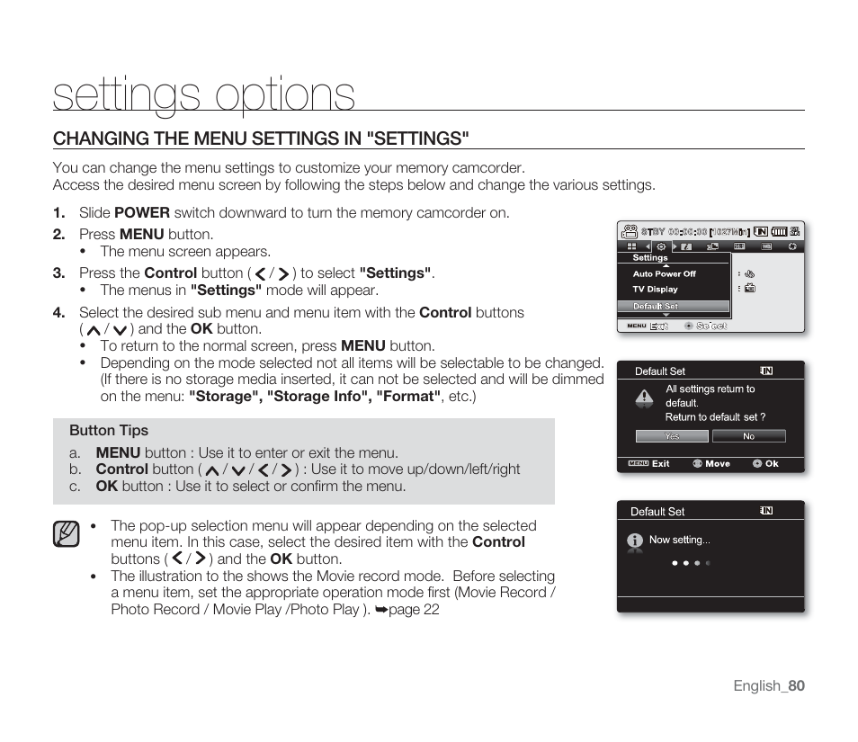 Settings options, Changing the menu settings in "settings, English _80 | Samsung SMX-F33BN-XAA User Manual | Page 90 / 131