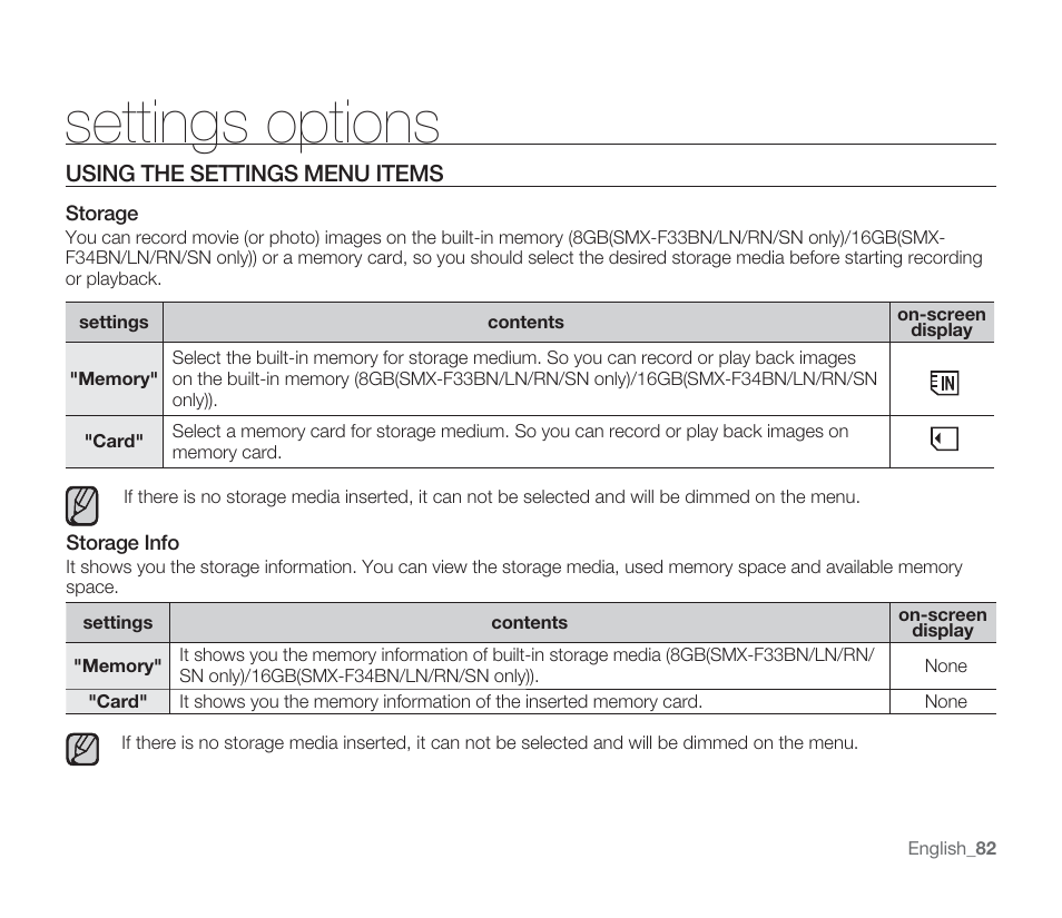 Settings options | Samsung SMX-F33BN-XAA User Manual | Page 92 / 131