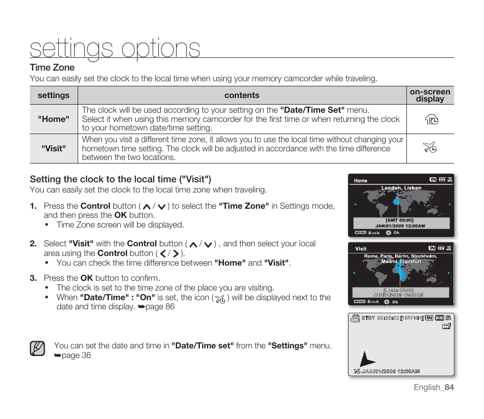 Settings options, Time zone, Setting the clock to the local time ("visit") | Samsung SMX-F33BN-XAA User Manual | Page 94 / 131