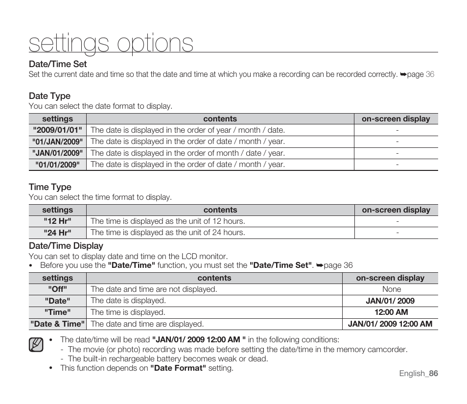 Settings options | Samsung SMX-F33BN-XAA User Manual | Page 96 / 131