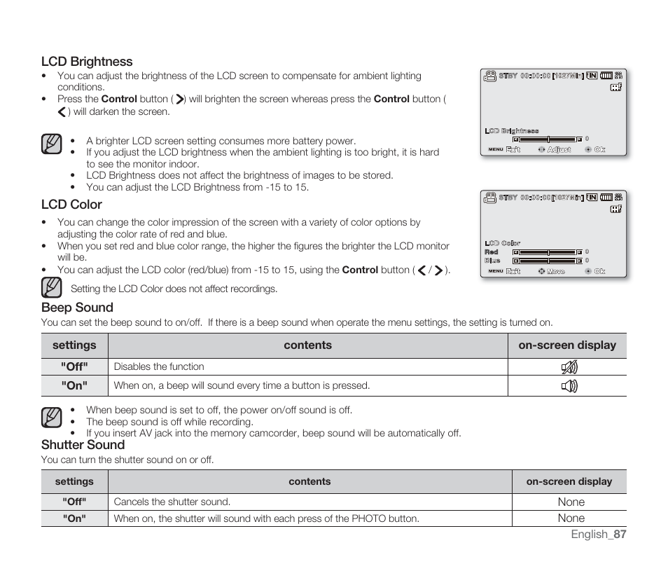 Lcd brightness, Lcd color, Beep sound | Shutter sound | Samsung SMX-F33BN-XAA User Manual | Page 97 / 131