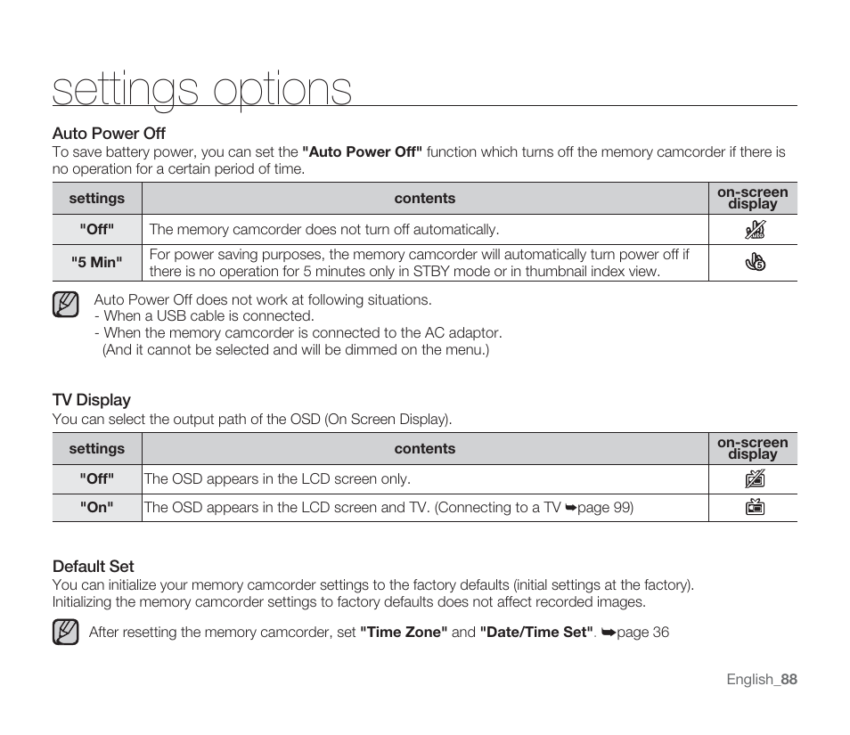 Settings options | Samsung SMX-F33BN-XAA User Manual | Page 98 / 131