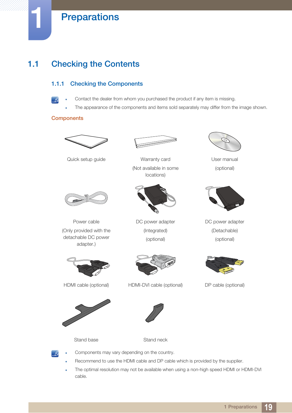 Preparations, 1 checking the contents, 1 checking the components | Checking the contents, Checking the components | Samsung LS27D590PS-ZA User Manual | Page 19 / 101