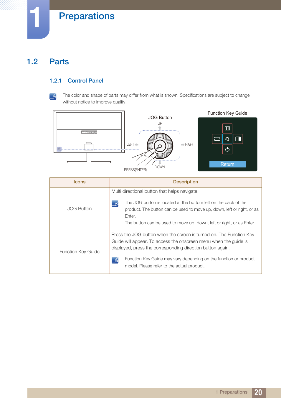 2 parts, 1 control panel, Parts | Control panel, Preparations | Samsung LS27D590PS-ZA User Manual | Page 20 / 101