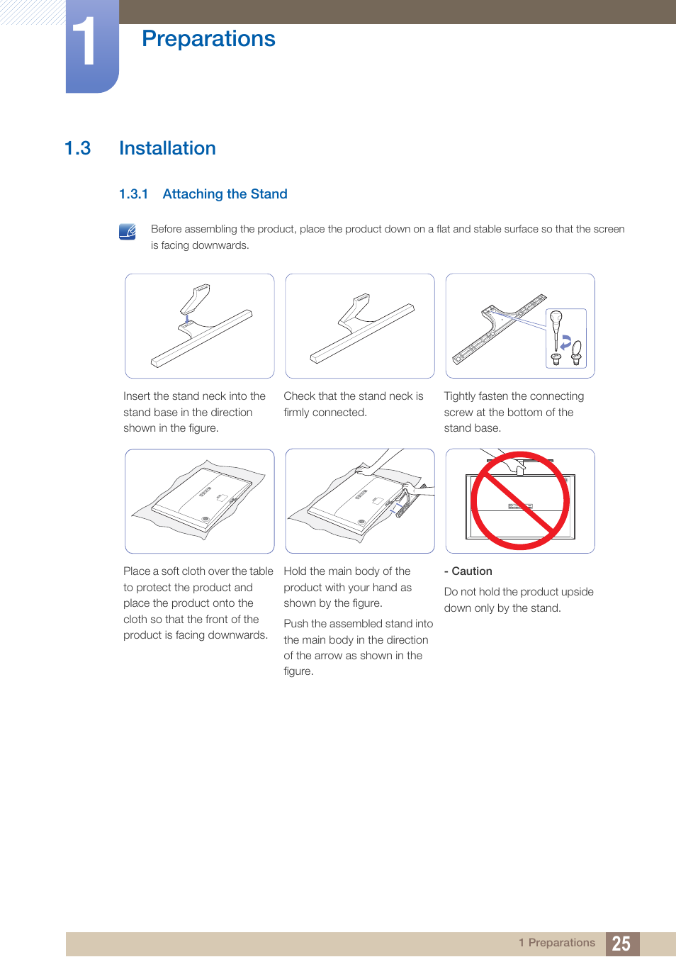 3 installation, 1 attaching the stand, Installation | Attaching the stand, Preparations | Samsung LS27D590PS-ZA User Manual | Page 25 / 101
