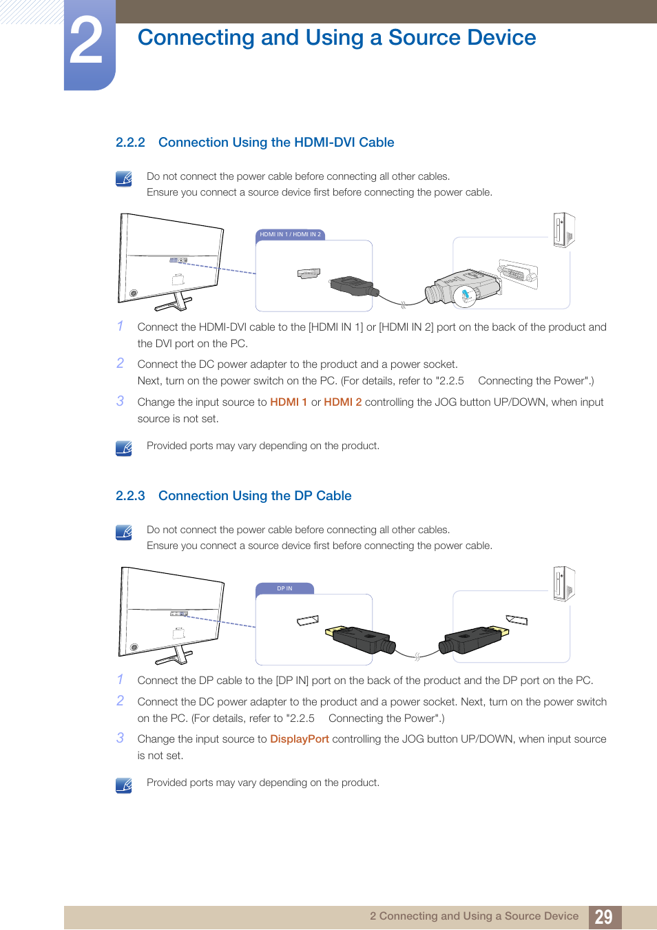 2 connection using the hdmi-dvi cable, 3 connection using an dp cable, Connection using the hdmi-dvi cable | Connection using, The dp cable, Connecting and using a source device | Samsung LS27D590PS-ZA User Manual | Page 29 / 101