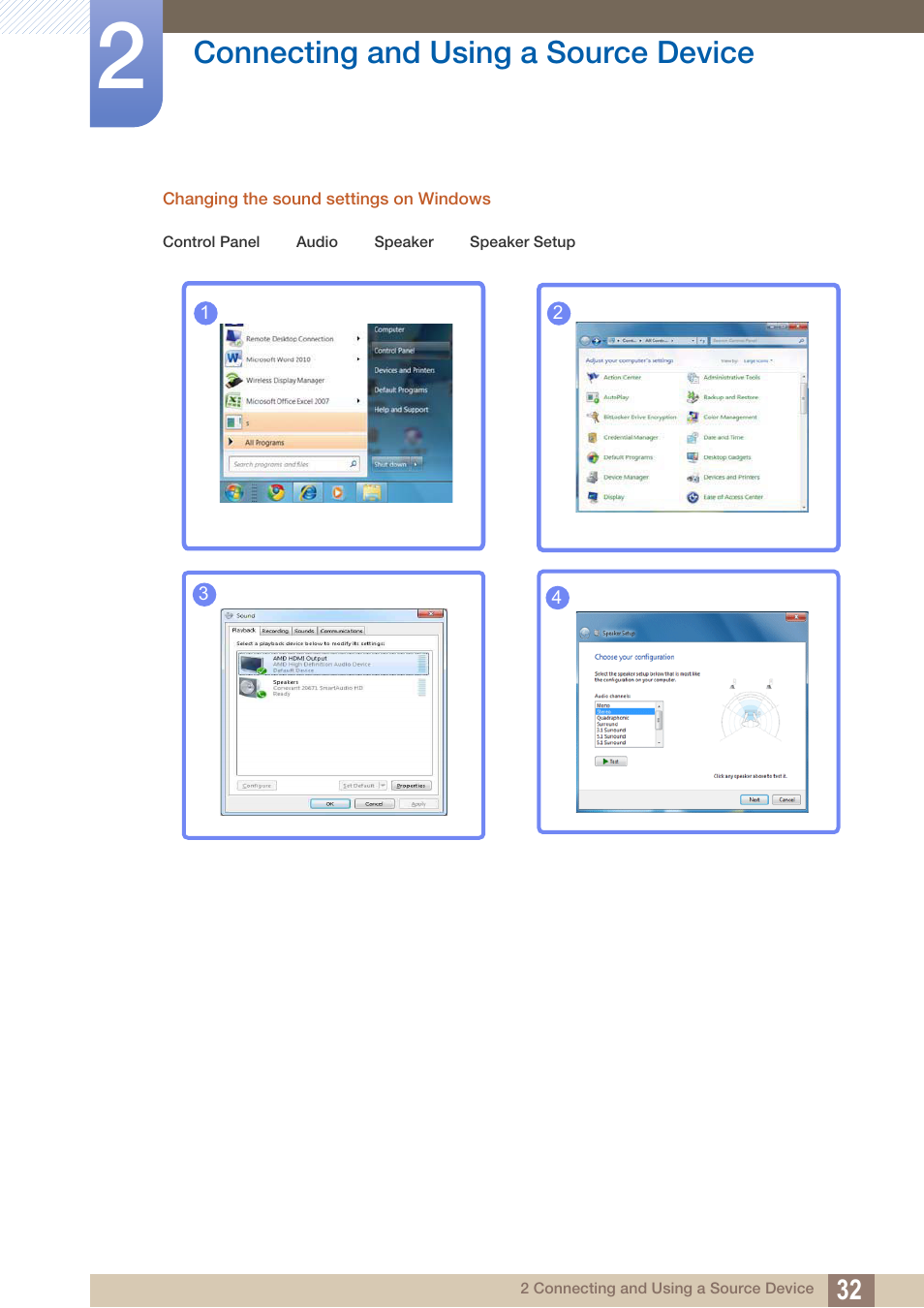 Connecting and using a source device | Samsung LS27D590PS-ZA User Manual | Page 32 / 101