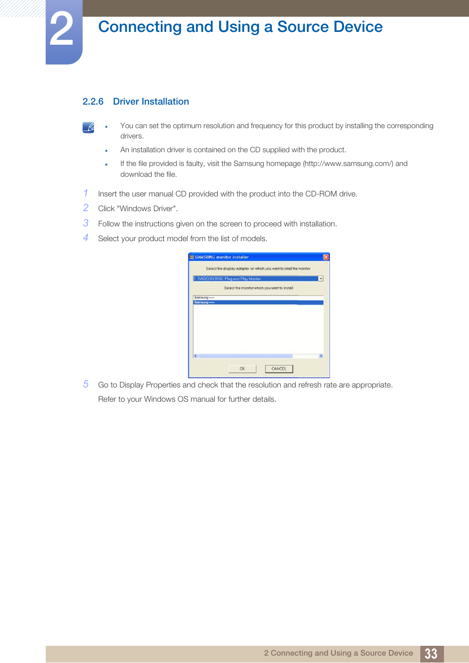 6 driver installation, Driver installation, Connecting and using a source device | Samsung LS27D590PS-ZA User Manual | Page 33 / 101