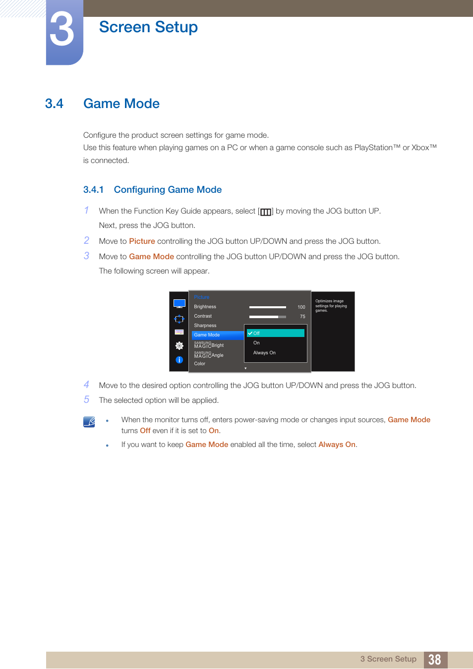 4 game mode, 1 configuring game mode, Game mode | Configuring game mode, Screen setup | Samsung LS27D590PS-ZA User Manual | Page 38 / 101