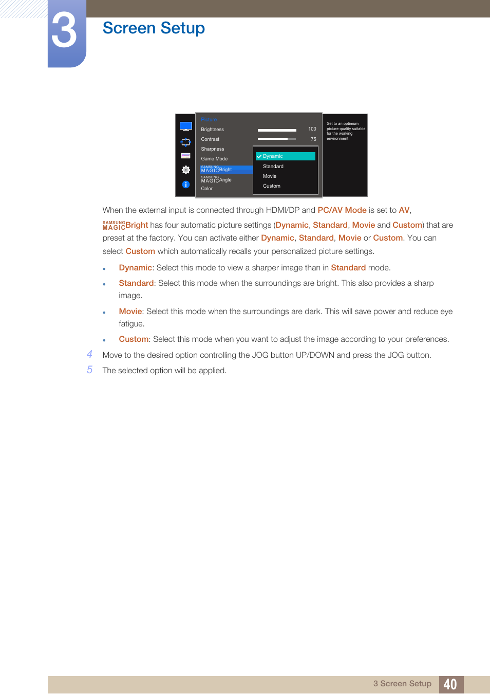 Screen setup | Samsung LS27D590PS-ZA User Manual | Page 40 / 101