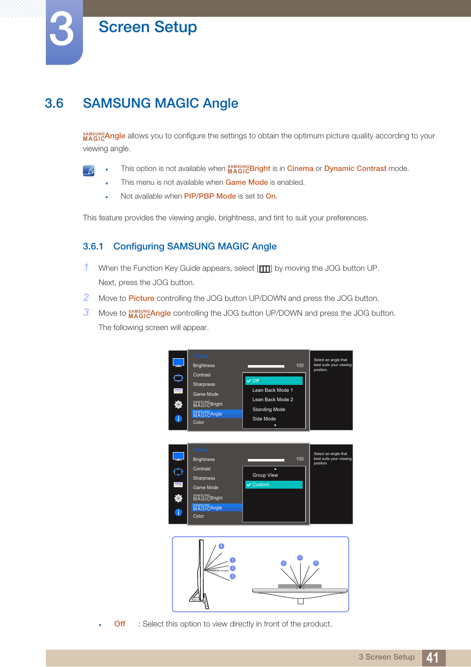 6 samsung magic angle, 1 configuring samsung magic angle, Samsung magic angle | Configuring samsung magic angle, Screen setup | Samsung LS27D590PS-ZA User Manual | Page 41 / 101