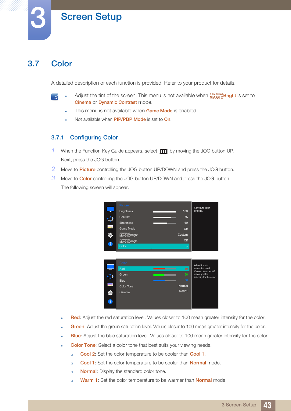 7 color, 1 configuring color, Color | Configuring color, Screen setup | Samsung LS27D590PS-ZA User Manual | Page 43 / 101