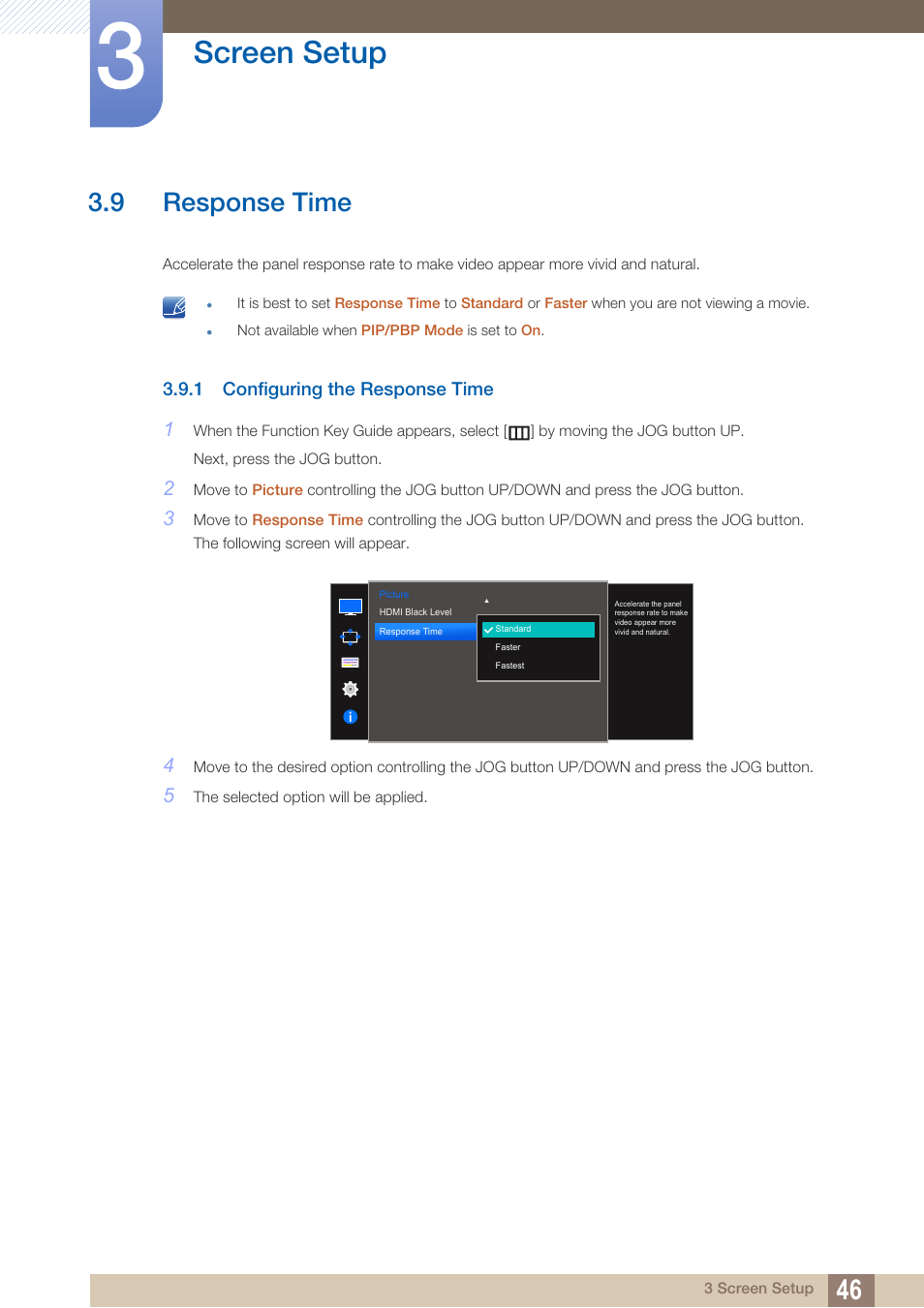 9 response time, 1 configuring the response time, Response time | Configuring the response time, Screen setup | Samsung LS27D590PS-ZA User Manual | Page 46 / 101