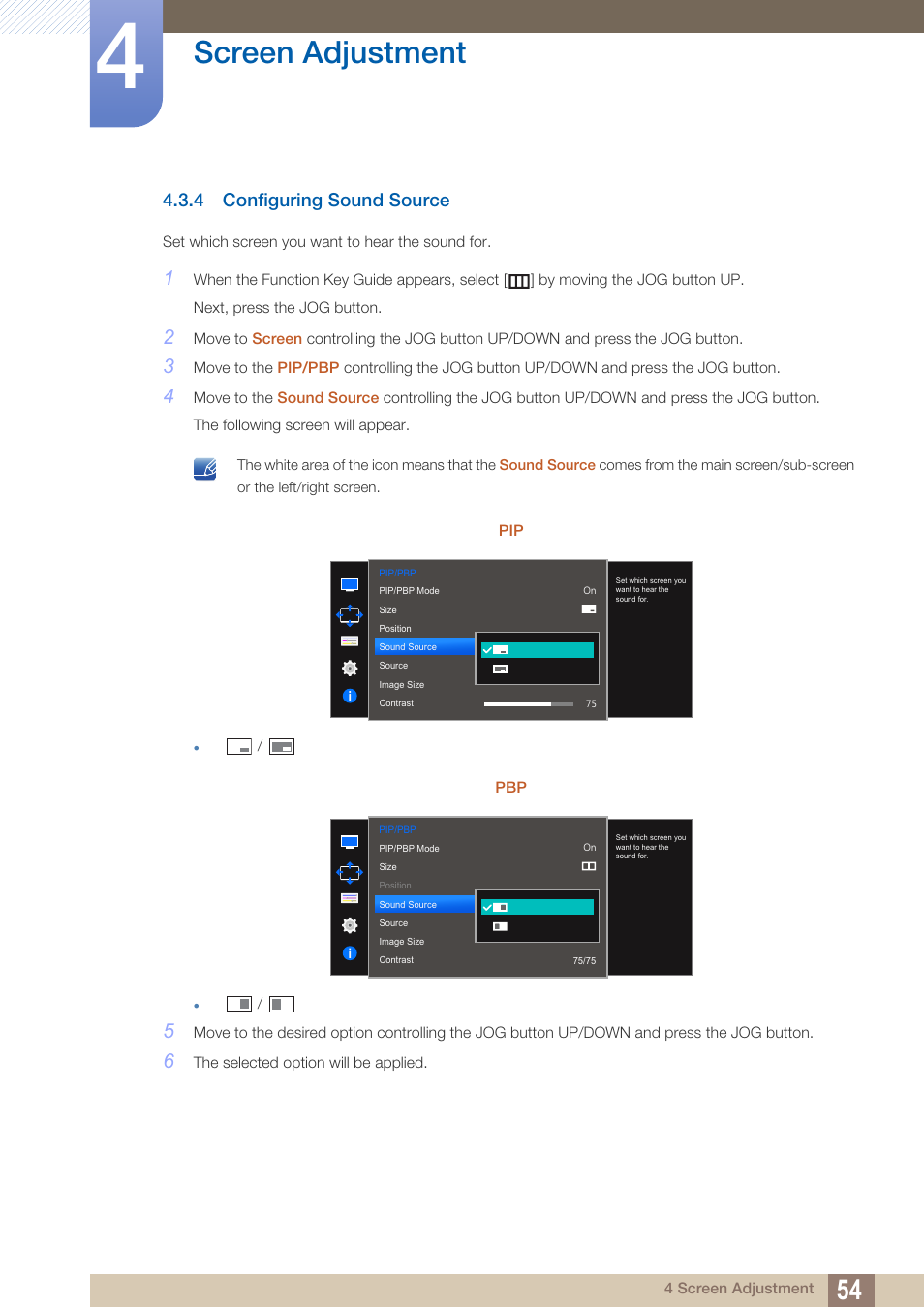 4 configuring sound source, Configuring sound source, Screen adjustment | Samsung LS27D590PS-ZA User Manual | Page 54 / 101