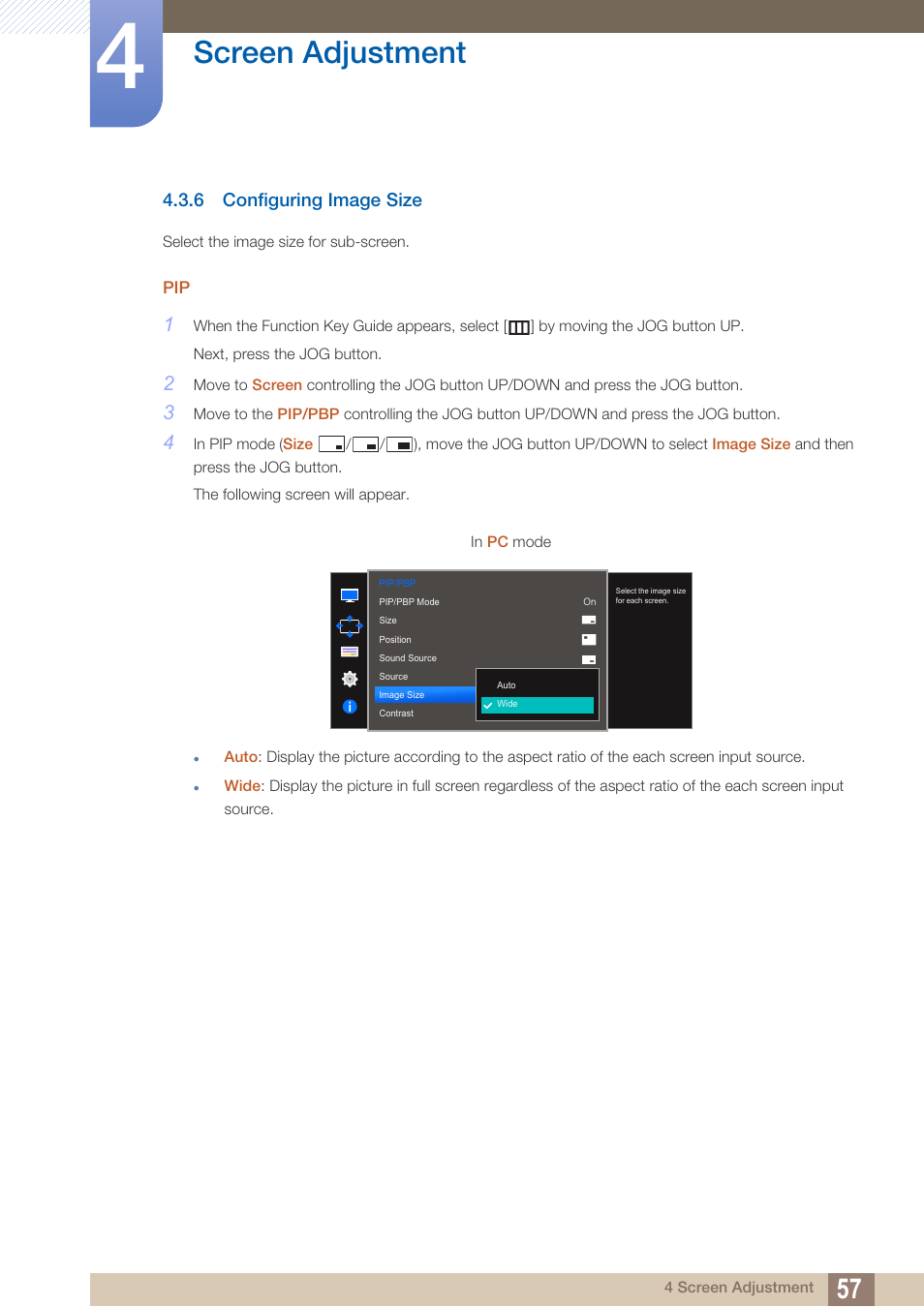 6 configuring image size, Configuring image size, Screen adjustment | Samsung LS27D590PS-ZA User Manual | Page 57 / 101