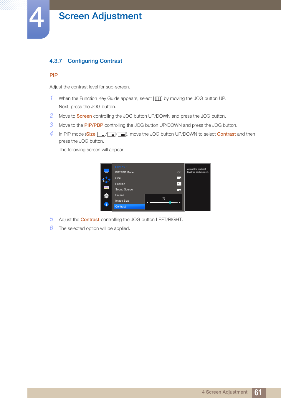 7 configuring contrast, Configuring contrast, Screen adjustment | Samsung LS27D590PS-ZA User Manual | Page 61 / 101