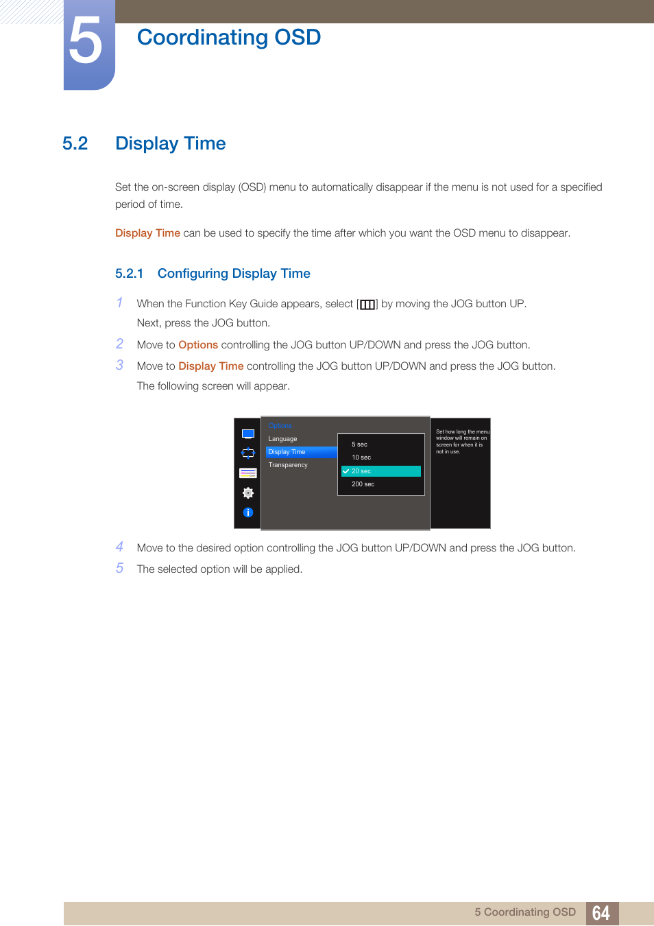 2 display time, 1 configuring display time, Display time | Configuring display time, Coordinating osd | Samsung LS27D590PS-ZA User Manual | Page 64 / 101