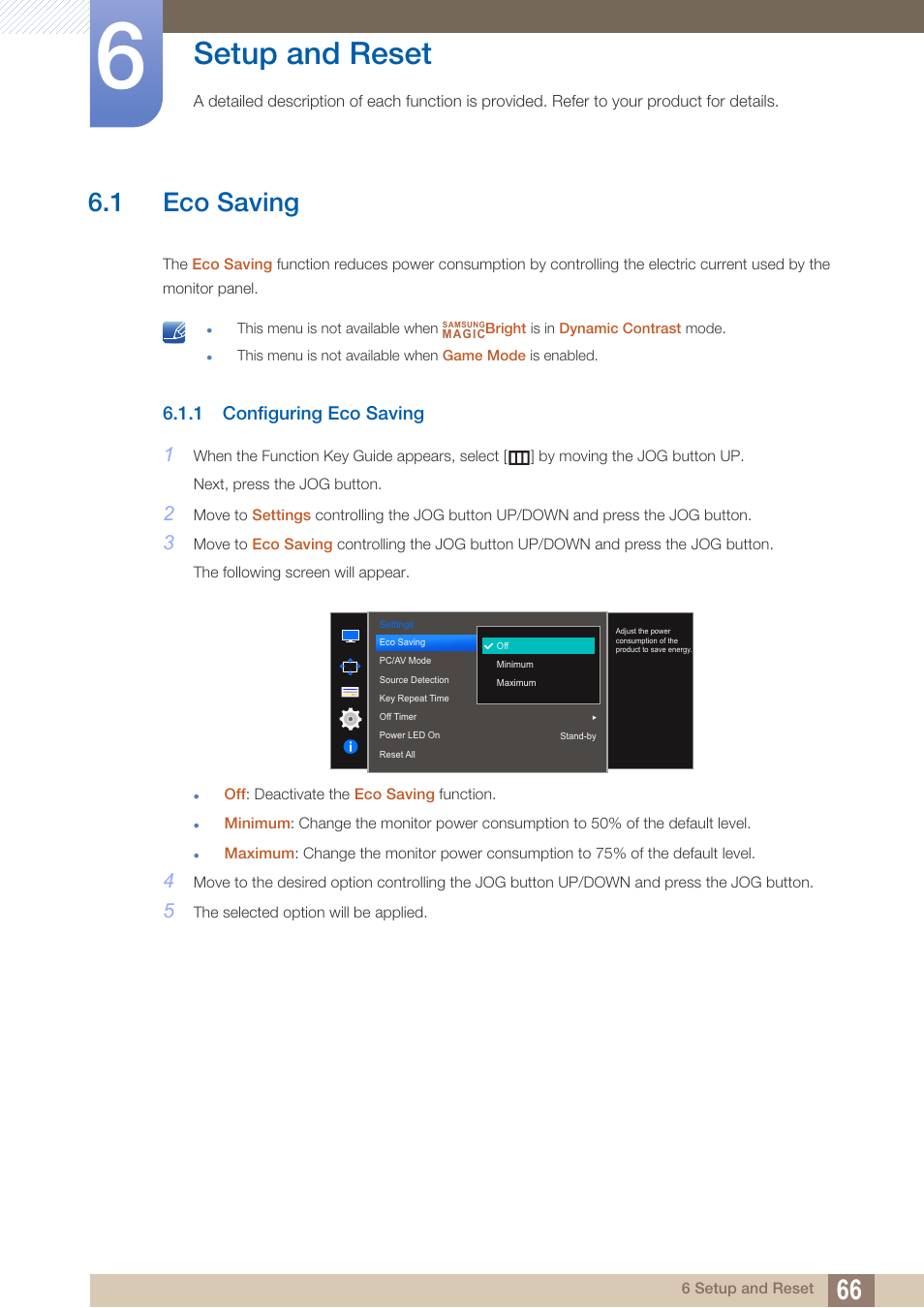 Setup and reset, 1 eco saving, 1 configuring eco saving | Eco saving, Configuring eco saving | Samsung LS27D590PS-ZA User Manual | Page 66 / 101