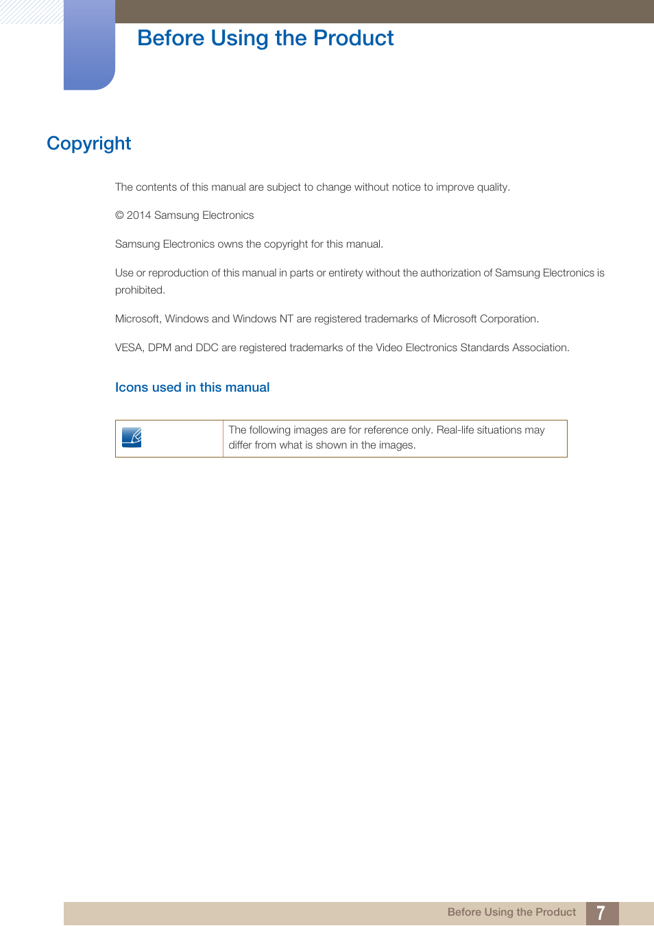 Before using the product, Copyright, Icons used in this manual | Before using the, Product | Samsung LS27D590PS-ZA User Manual | Page 7 / 101