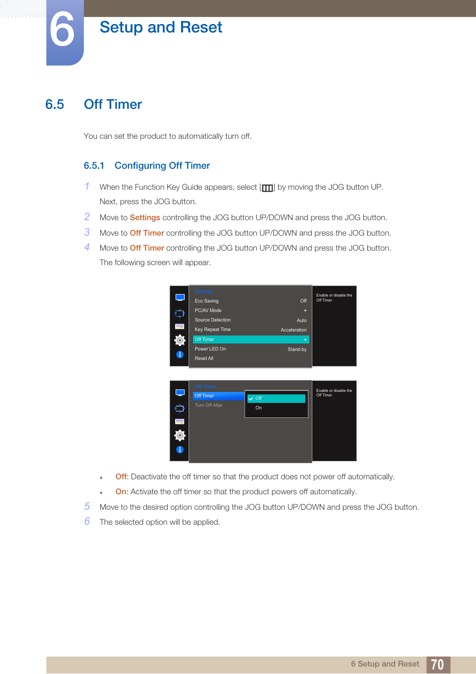 5 off timer, 1 configuring off timer, Off timer | Configuring off timer, Setup and reset | Samsung LS27D590PS-ZA User Manual | Page 70 / 101