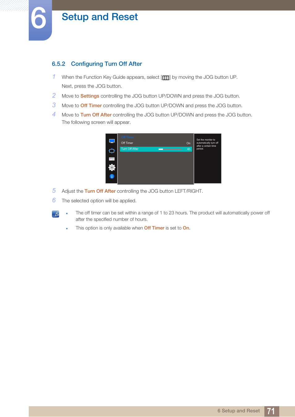 2 configuring turn off after, Configuring turn off after, Setup and reset | Samsung LS27D590PS-ZA User Manual | Page 71 / 101