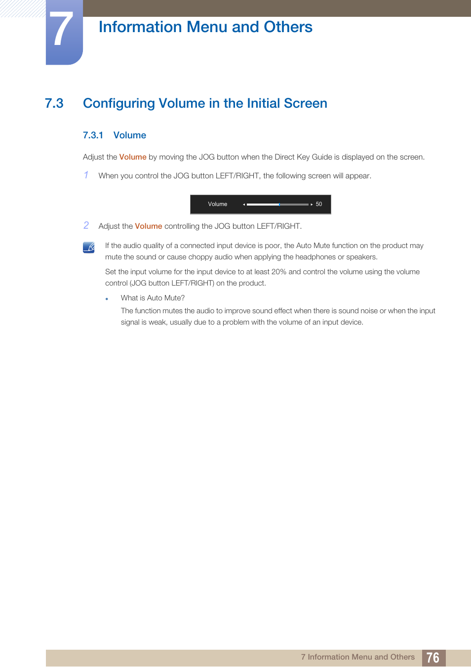 3 configuring volume in the initial screen, 1 volume, Configuring volume in the initial screen | Volume, Information menu and others | Samsung LS27D590PS-ZA User Manual | Page 76 / 101