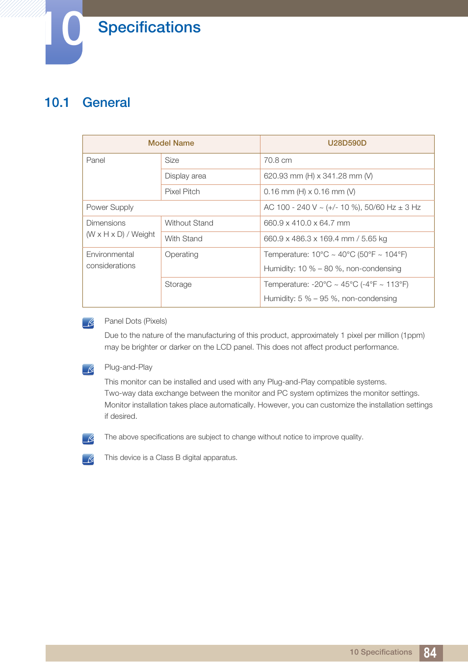 Specifications, 1 general, General | Samsung LS27D590PS-ZA User Manual | Page 84 / 101