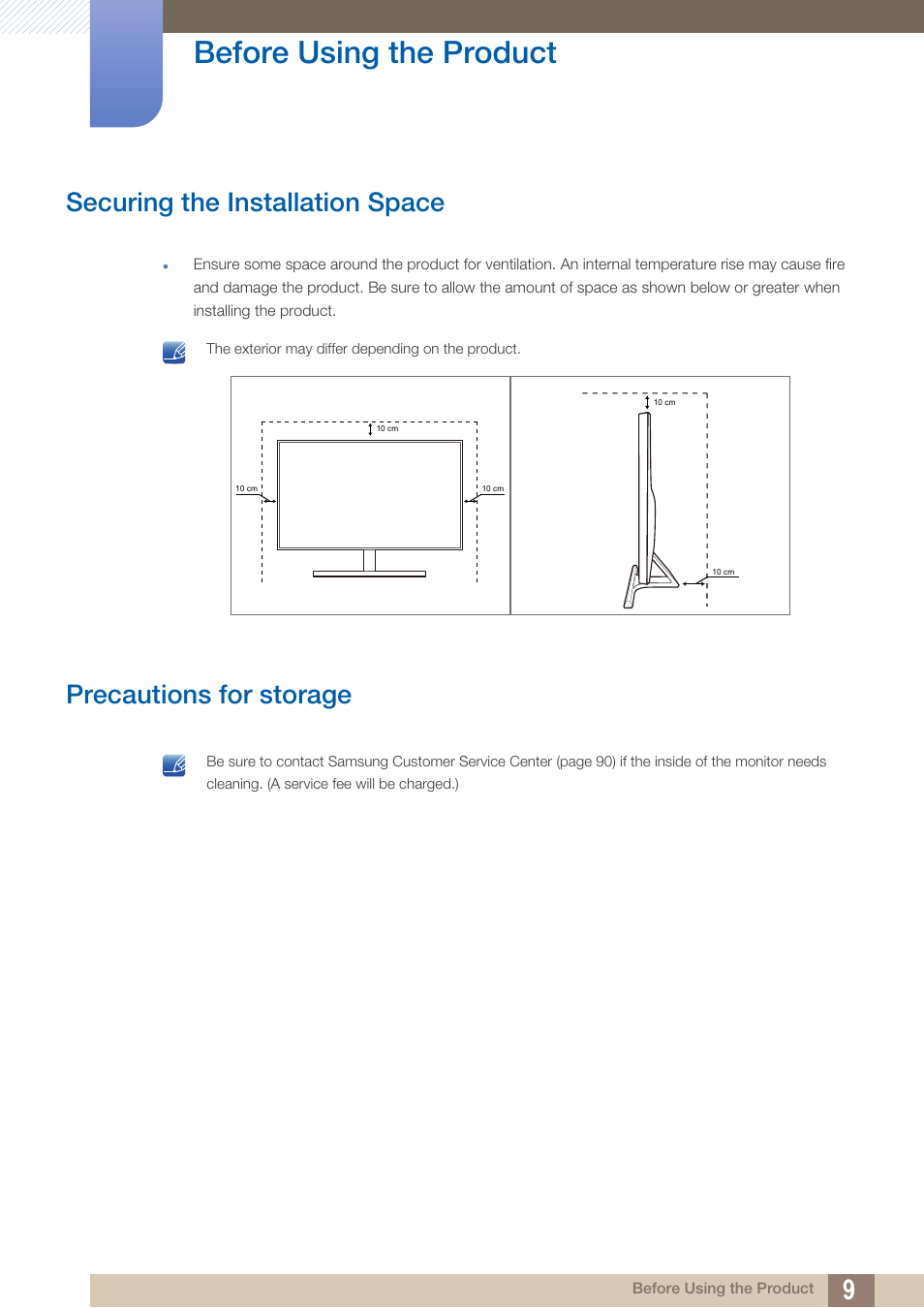Securing the installation space, Precautions for storage, Before using the product | Samsung LS27D590PS-ZA User Manual | Page 9 / 101