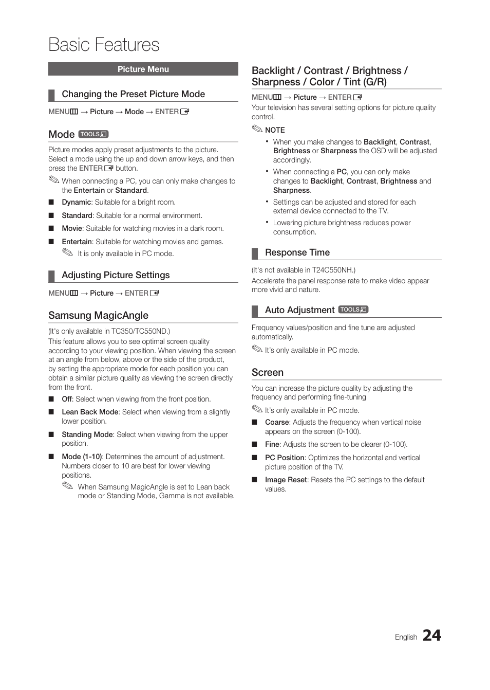 Picture menu, Changing the preset picture mode, Adjusting picture settings | Response time, Auto adjustment t, Auto adjustment, Basic features | Samsung LT24C550ND-ZA User Manual | Page 24 / 46