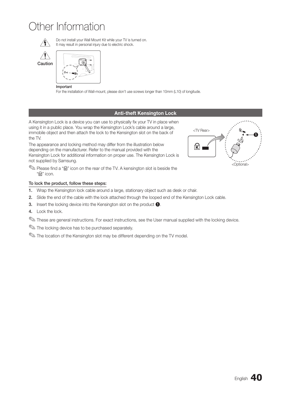 Anti-theft kensington lock, Other information | Samsung LT24C550ND-ZA User Manual | Page 40 / 46