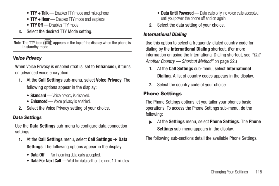 Voice privacy, Data settings, International dialing | Phone settings | Samsung SCH-U440HAAUSC User Manual | Page 121 / 164