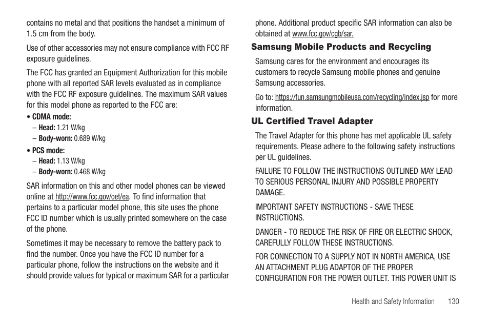 Samsung mobile products and recycling, Ul certified travel adapter | Samsung SCH-U440HAAUSC User Manual | Page 133 / 164