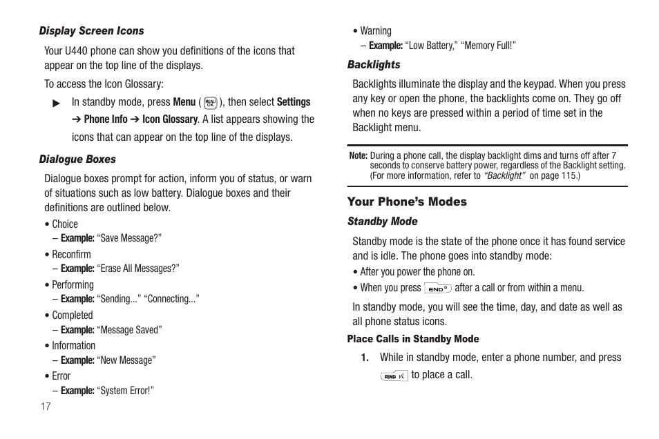 Display screen icons, Dialogue boxes, Backlights | Your phone’s modes, Standby mode, Place calls in standby mode, For more information, refer to “display screen, Ngth, and more. (for, More information, refer to “display | Samsung SCH-U440HAAUSC User Manual | Page 20 / 164