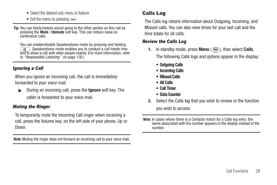 Ignoring a call, Muting the ringer, Calls log | Review the calls log | Samsung SCH-U440HAAUSC User Manual | Page 31 / 164