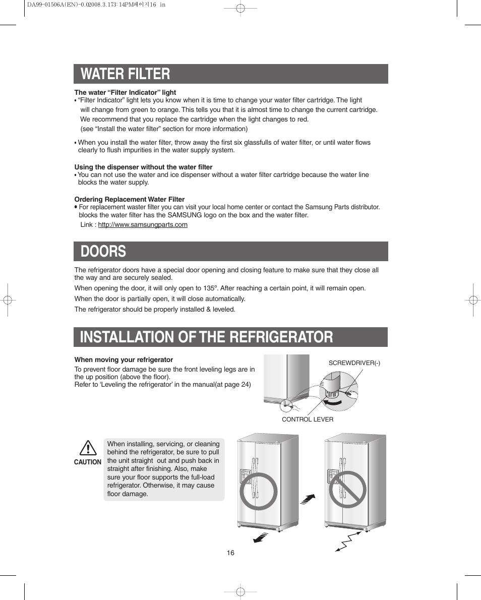 Water filter, Doors, Installation of the refrigerator | Samsung RS275ACRS-XAA User Manual | Page 16 / 32