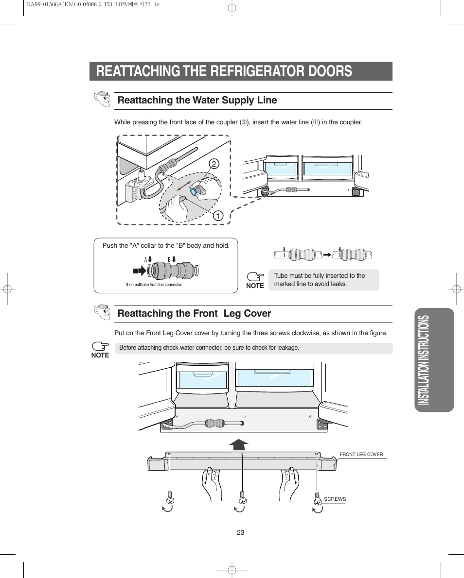 Reattaching the refrigerator doors, Inst alla tion instr uctions | Samsung RS275ACRS-XAA User Manual | Page 23 / 32