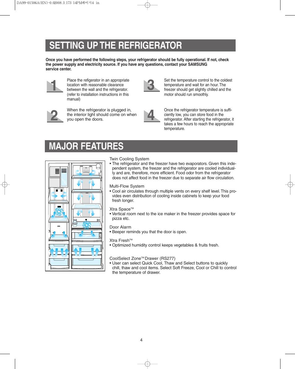 Setting up the refrigerator, Major features | Samsung RS275ACRS-XAA User Manual | Page 4 / 32