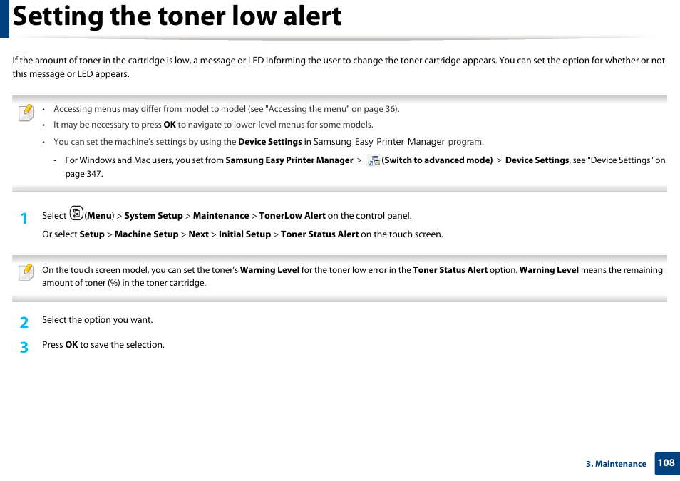 Setting the toner low alert | Samsung CLX-4195N-XAX User Manual | Page 108 / 423