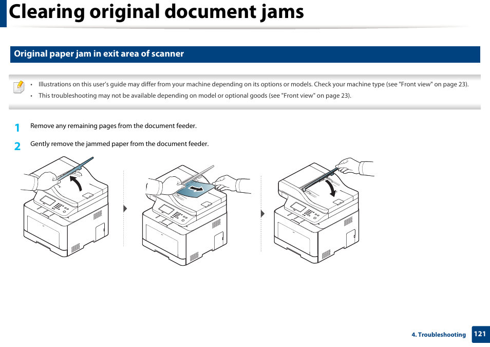 Clearing original document jams, Original paper jam in exit area of scanner | Samsung CLX-4195N-XAX User Manual | Page 121 / 423