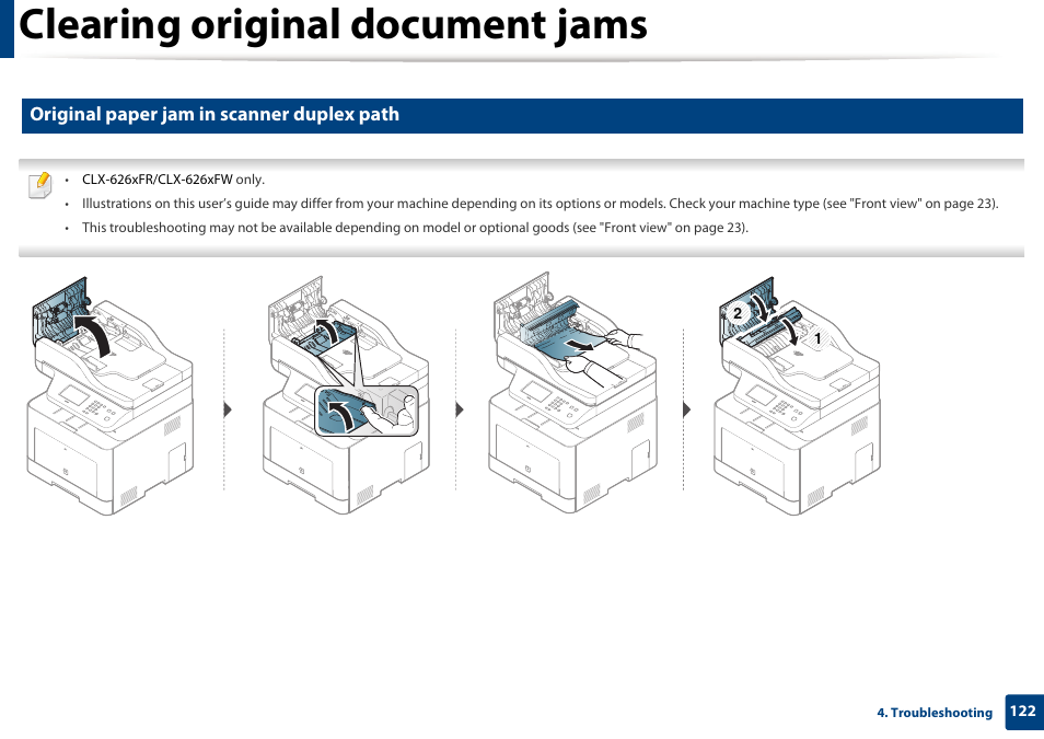 Clearing original document jams, Original paper jam in scanner duplex path | Samsung CLX-4195N-XAX User Manual | Page 122 / 423