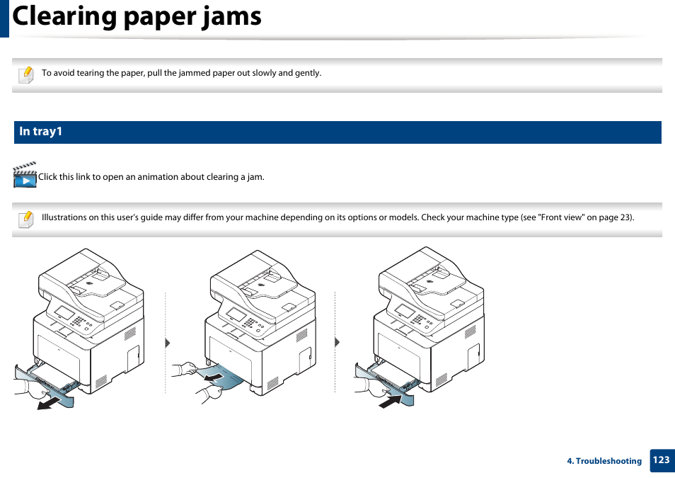 Clearing paper jams | Samsung CLX-4195N-XAX User Manual | Page 123 / 423