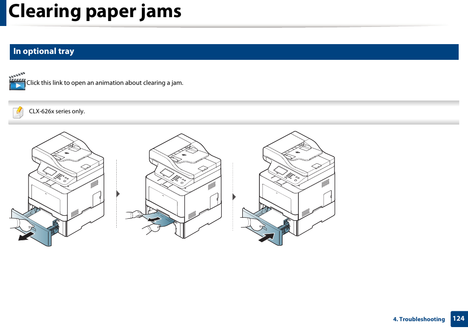 Clearing paper jams | Samsung CLX-4195N-XAX User Manual | Page 124 / 423